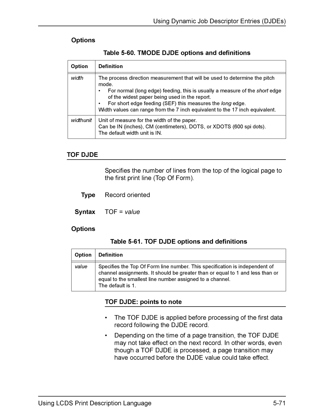 Xerox FreeFlow manual Tmode Djde options and definitions, Syntax TOF = value Options, TOF Djde options and definitions 