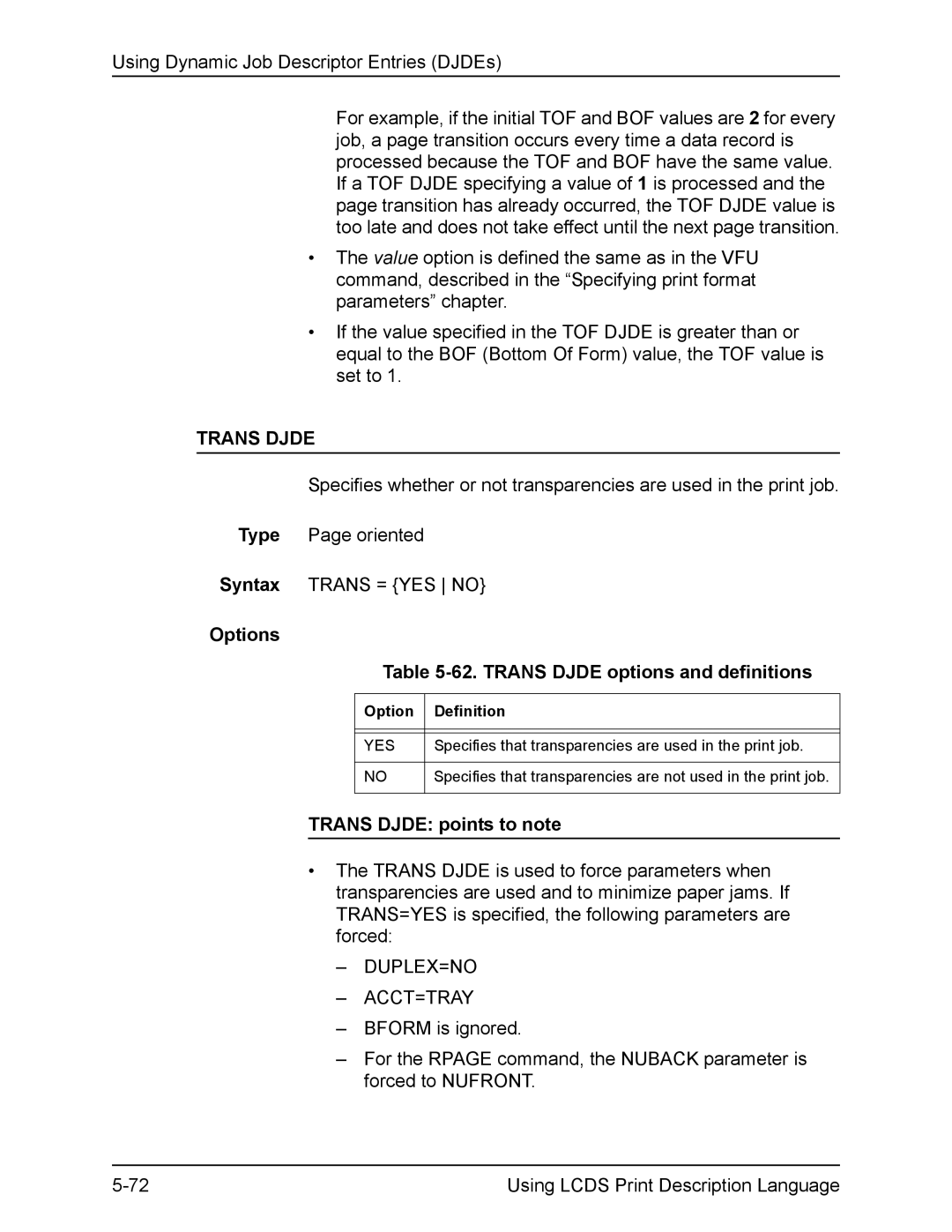 Xerox FreeFlow manual Options 62. Trans Djde options and definitions, Trans Djde points to note 