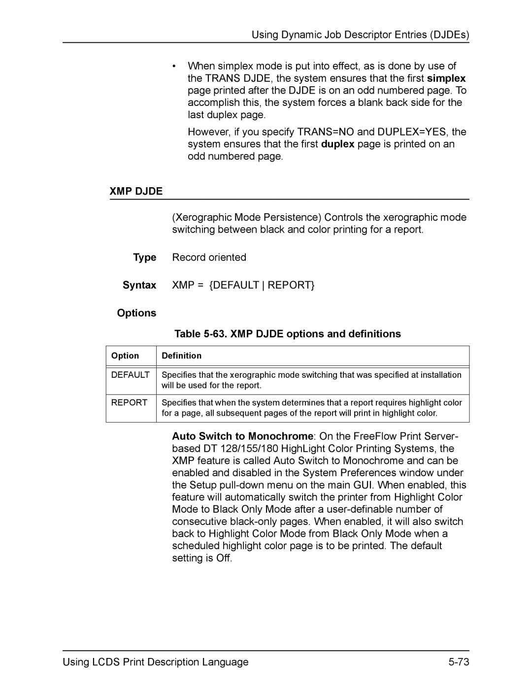 Xerox FreeFlow manual Options 63. XMP Djde options and definitions, Report 