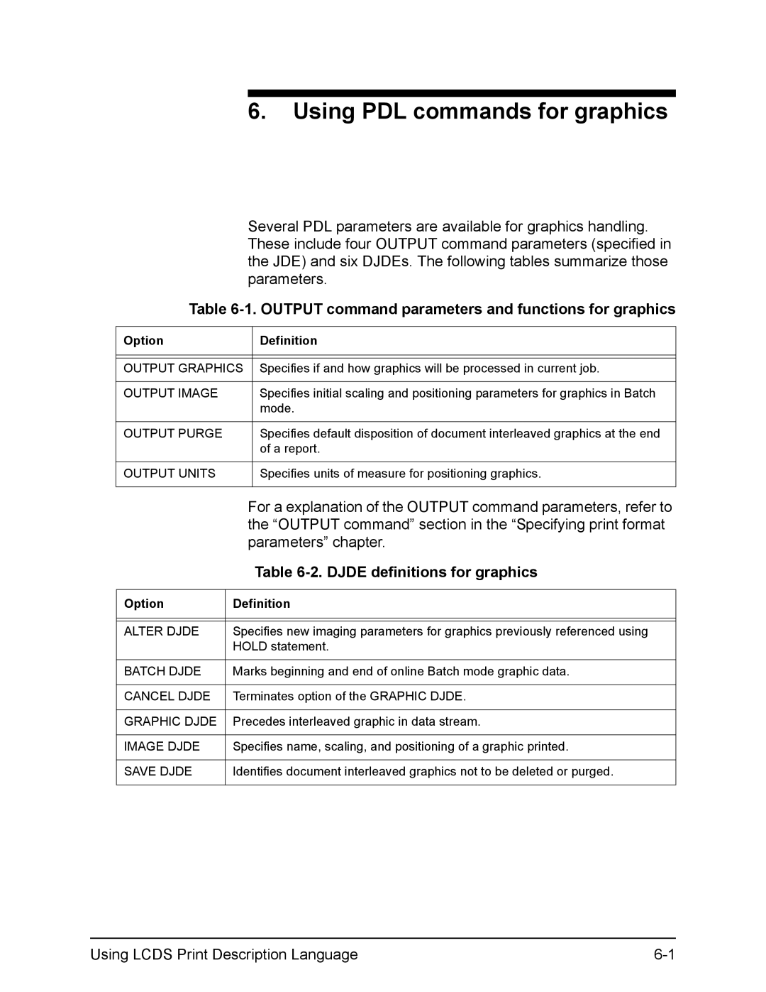 Xerox FreeFlow manual Output command parameters and functions for graphics, Djde definitions for graphics 