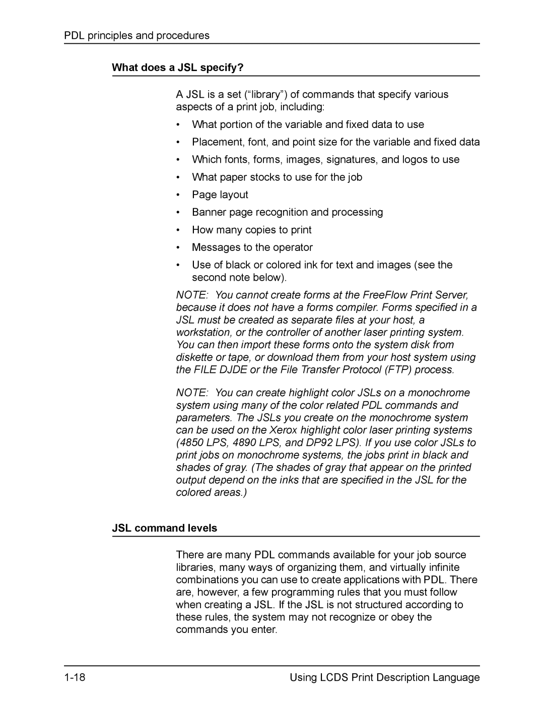 Xerox FreeFlow manual What does a JSL specify?, JSL command levels 