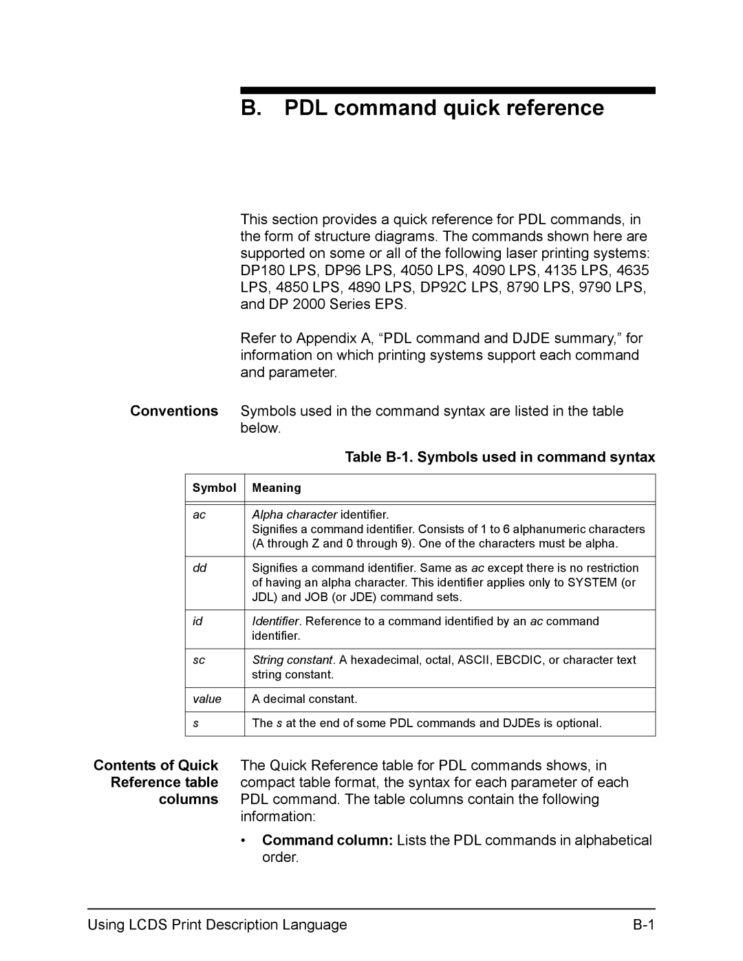 Xerox FreeFlow manual PDL command quick reference, Table B-1. Symbols used in command syntax 