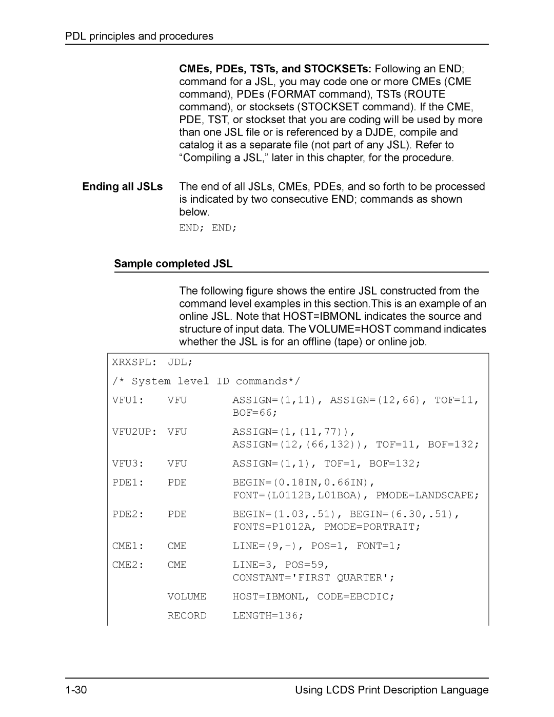 Xerox FreeFlow manual Sample completed JSL, Xrxspl JDL, VFU2UP, FONTS=P1012A, PMODE=PORTRAIT, CONSTANT=FIRST Quarter 