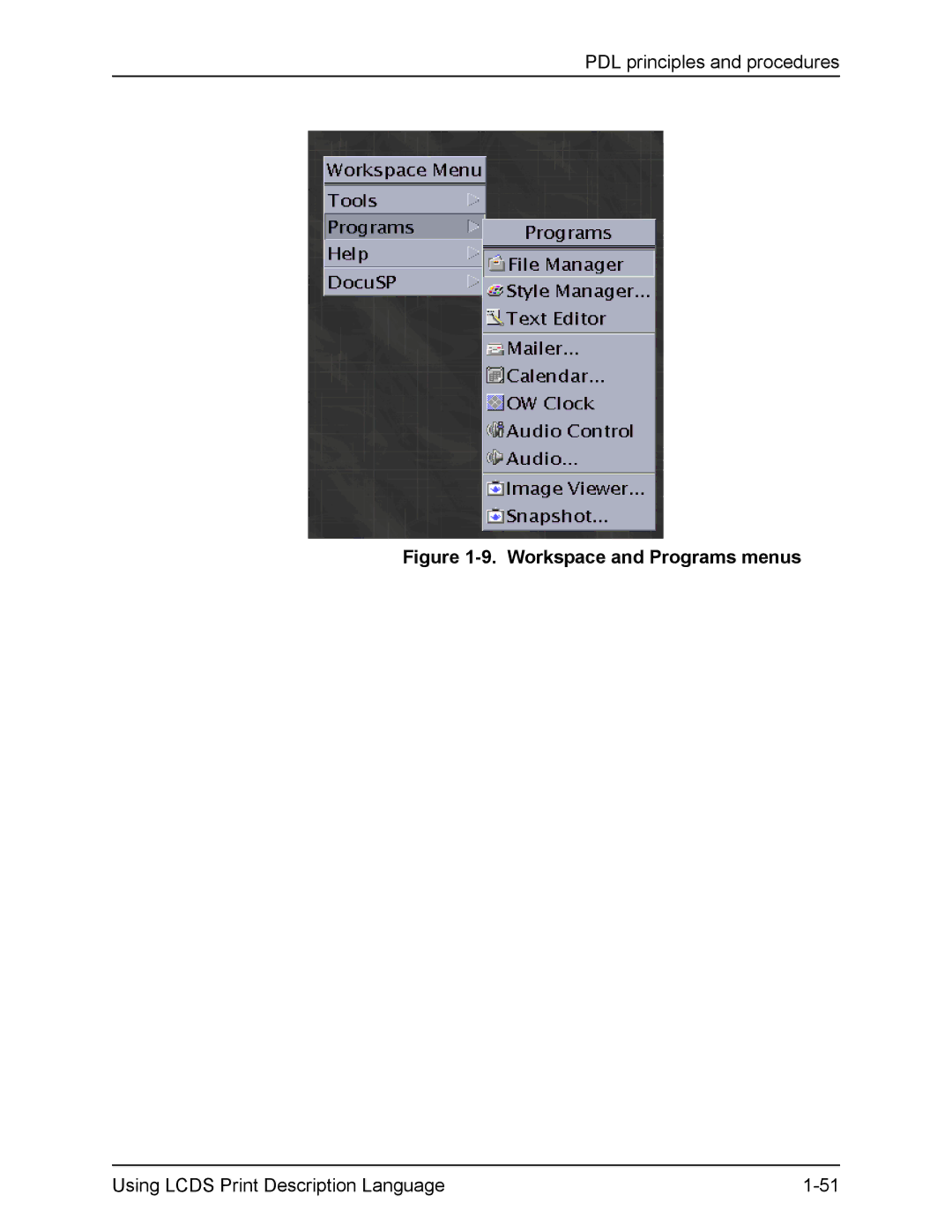 Xerox FreeFlow manual Workspace and Programs menus 