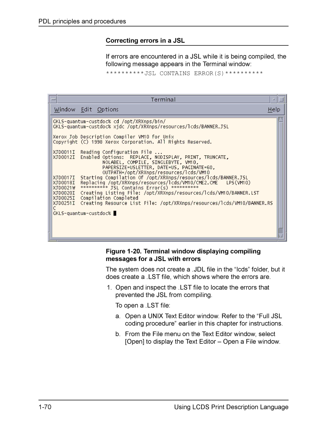 Xerox FreeFlow manual Correcting errors in a JSL, JSL Contains Errors 