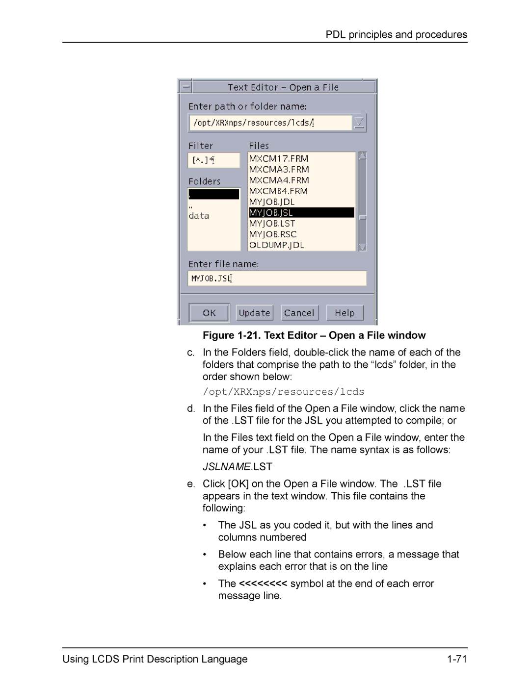 Xerox FreeFlow manual Text Editor Open a File window, Opt/XRXnps/resources/lcds 