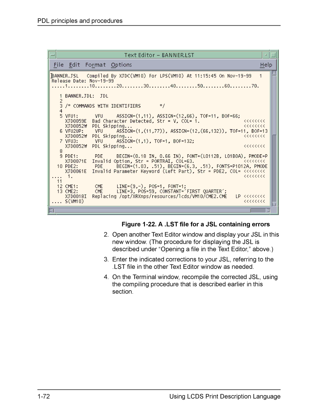 Xerox FreeFlow manual 22. a .LST file for a JSL containing errors 