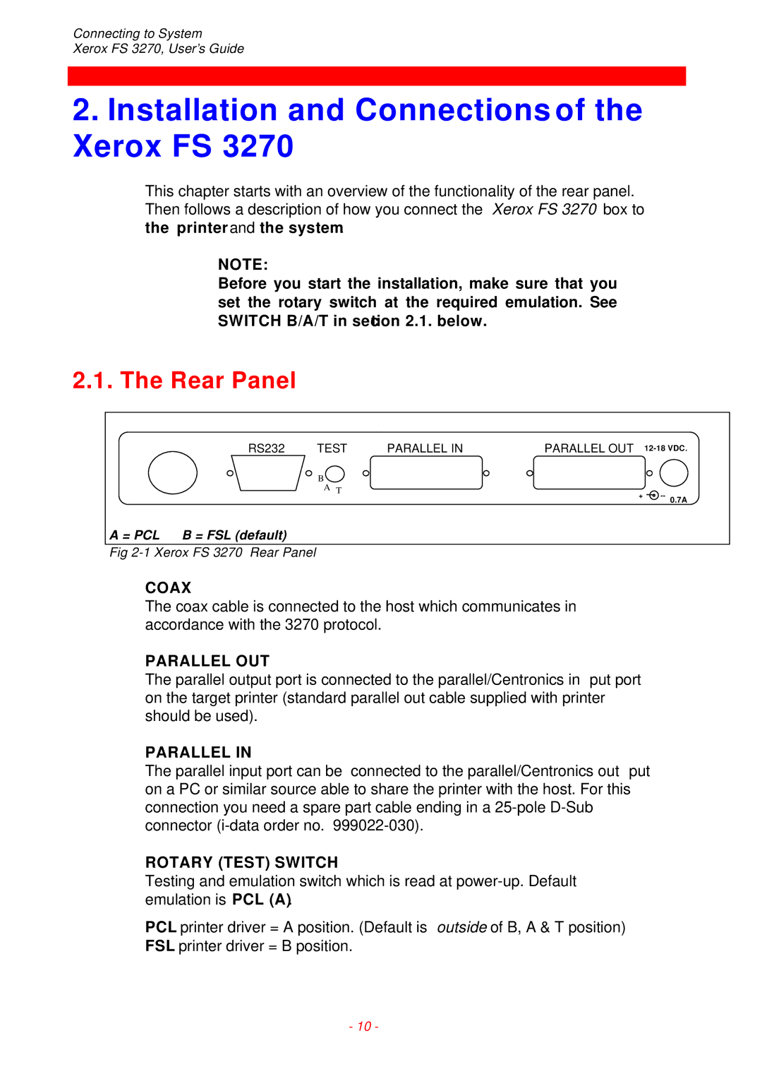 Xerox FS 3270 instruction manual Installation and Connections of the Xerox FS, Rear Panel 