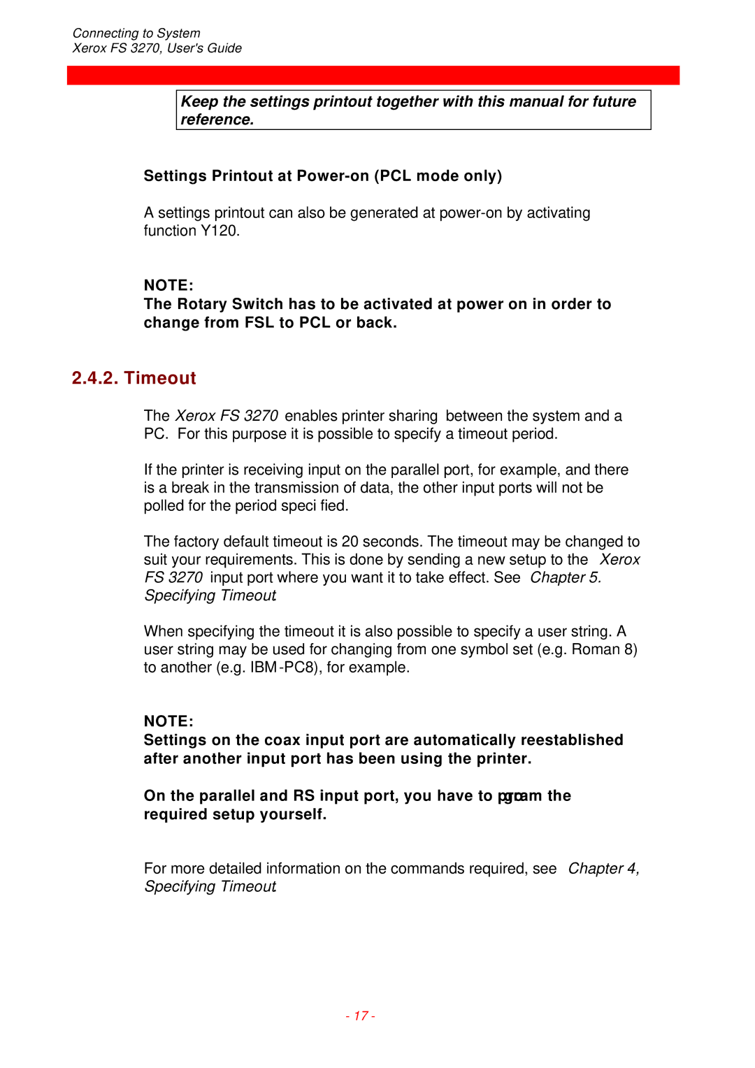 Xerox FS 3270 instruction manual Timeout, Settings Printout at Power-on PCL mode only 