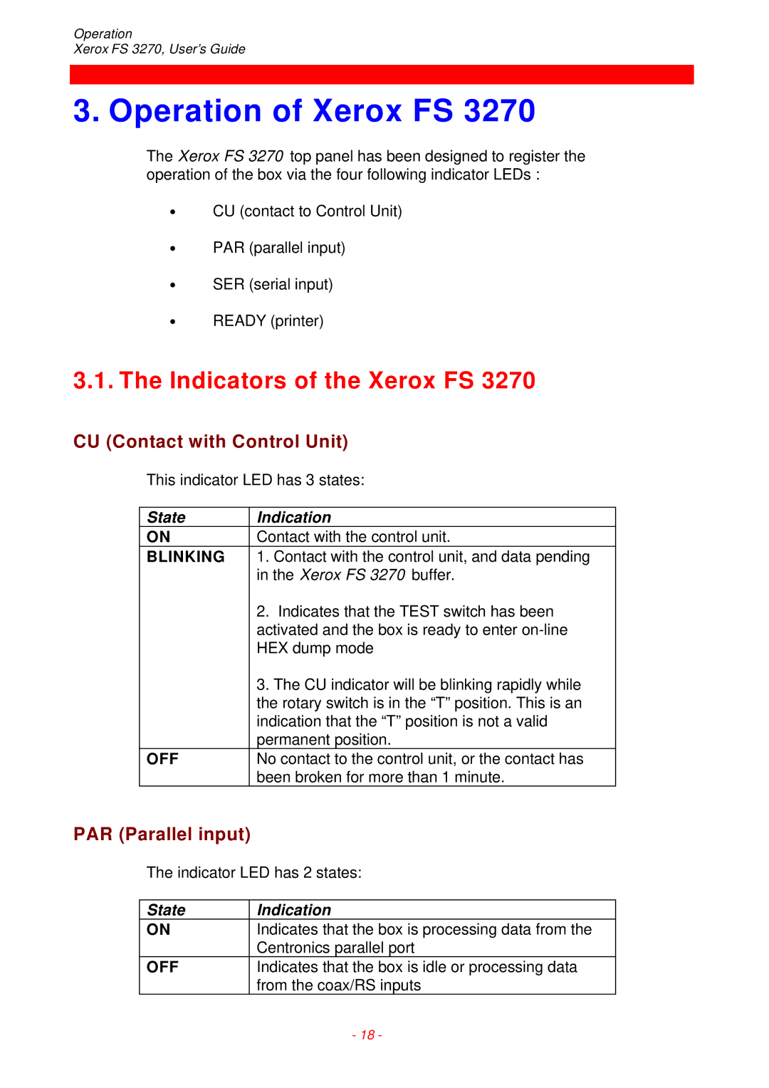 Xerox FS 3270 Operation of Xerox FS, Indicators of the Xerox FS, CU Contact with Control Unit, PAR Parallel input 