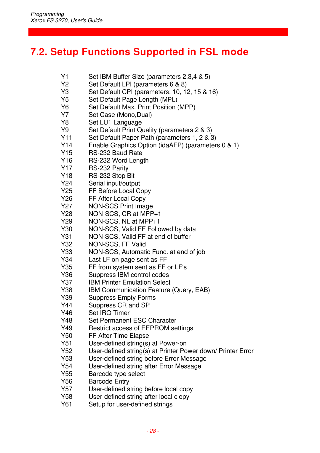 Xerox FS 3270 instruction manual Setup Functions Supported in FSL mode 