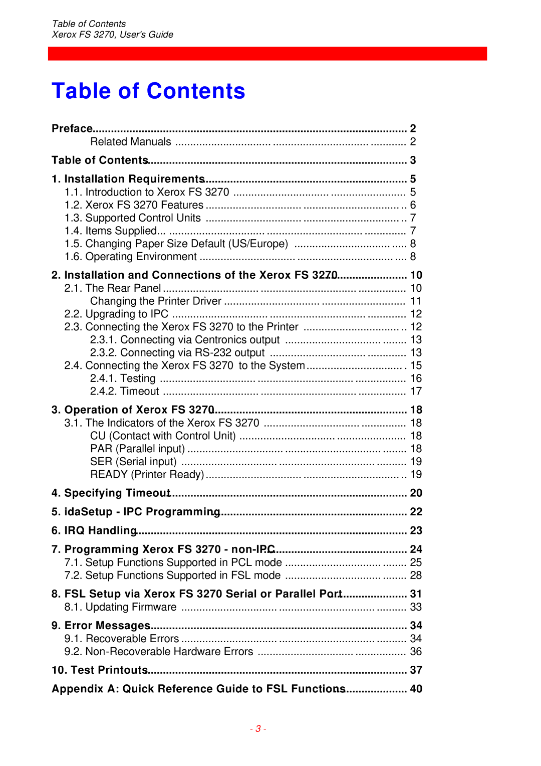 Xerox FS 3270 instruction manual Table of Contents 