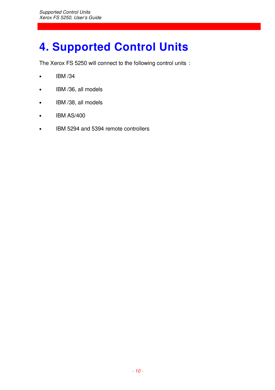 Xerox FS 5250 IPC instruction manual Supported Control Units 