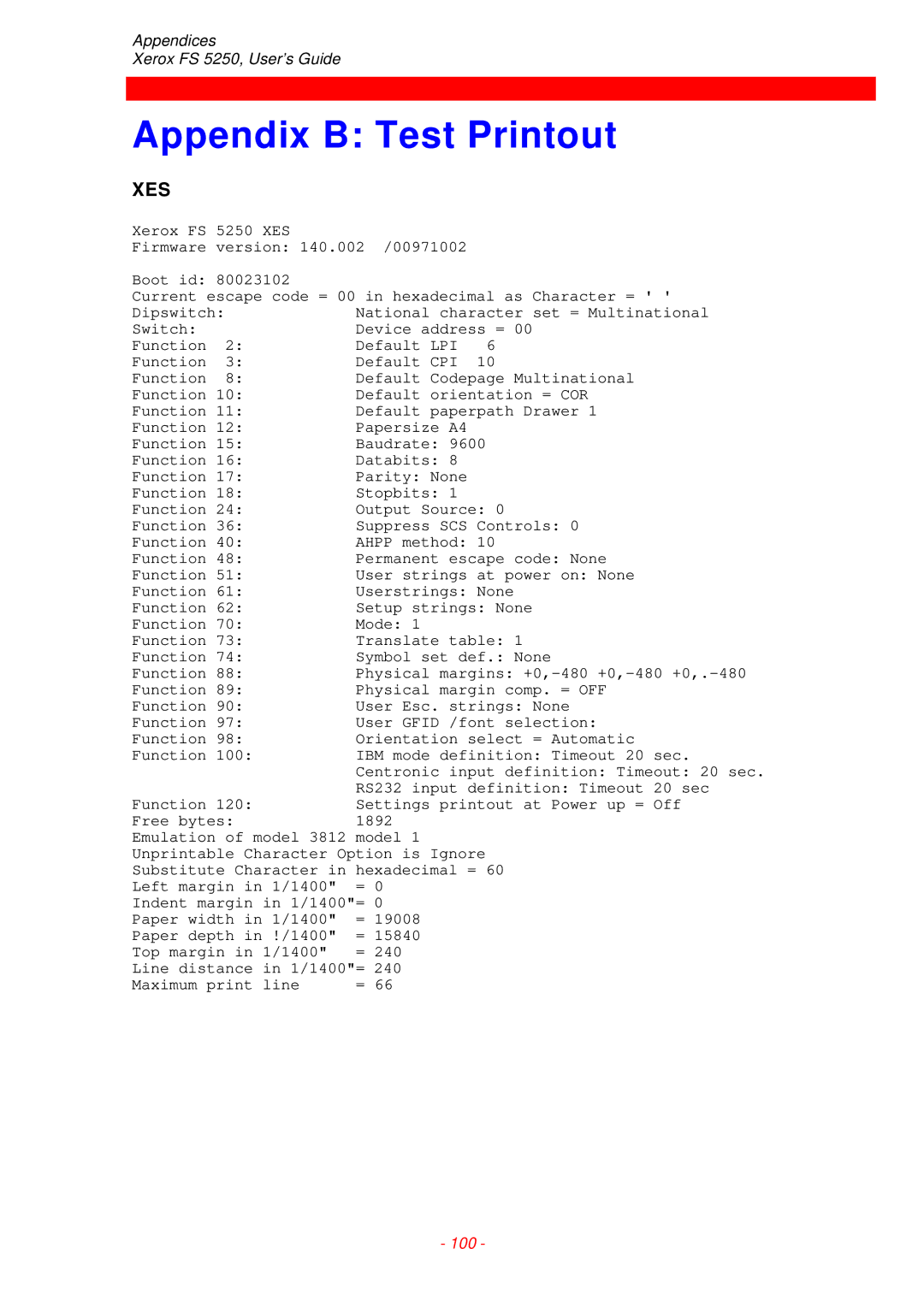 Xerox FS 5250 IPC instruction manual Appendix B Test Printout 