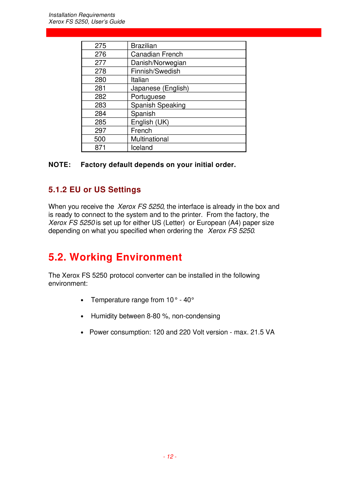 Xerox FS 5250 IPC instruction manual Working Environment, EU or US Settings 