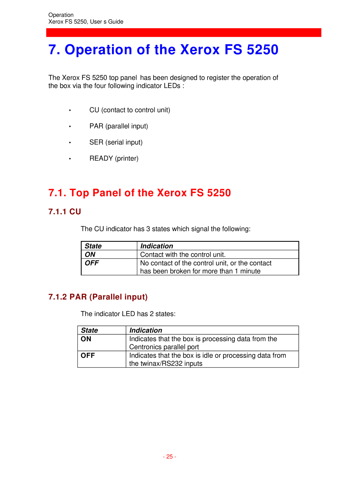 Xerox FS 5250 IPC instruction manual Operation of the Xerox FS, Top Panel of the Xerox FS, 1 CU, PAR Parallel input 