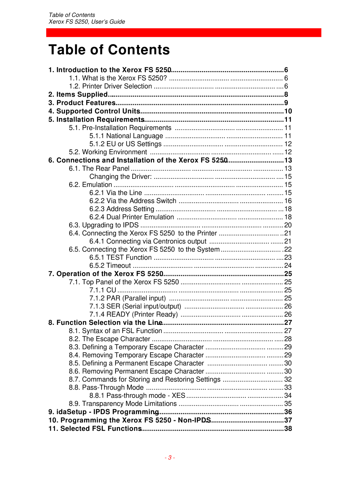 Xerox FS 5250 IPC instruction manual Table of Contents 