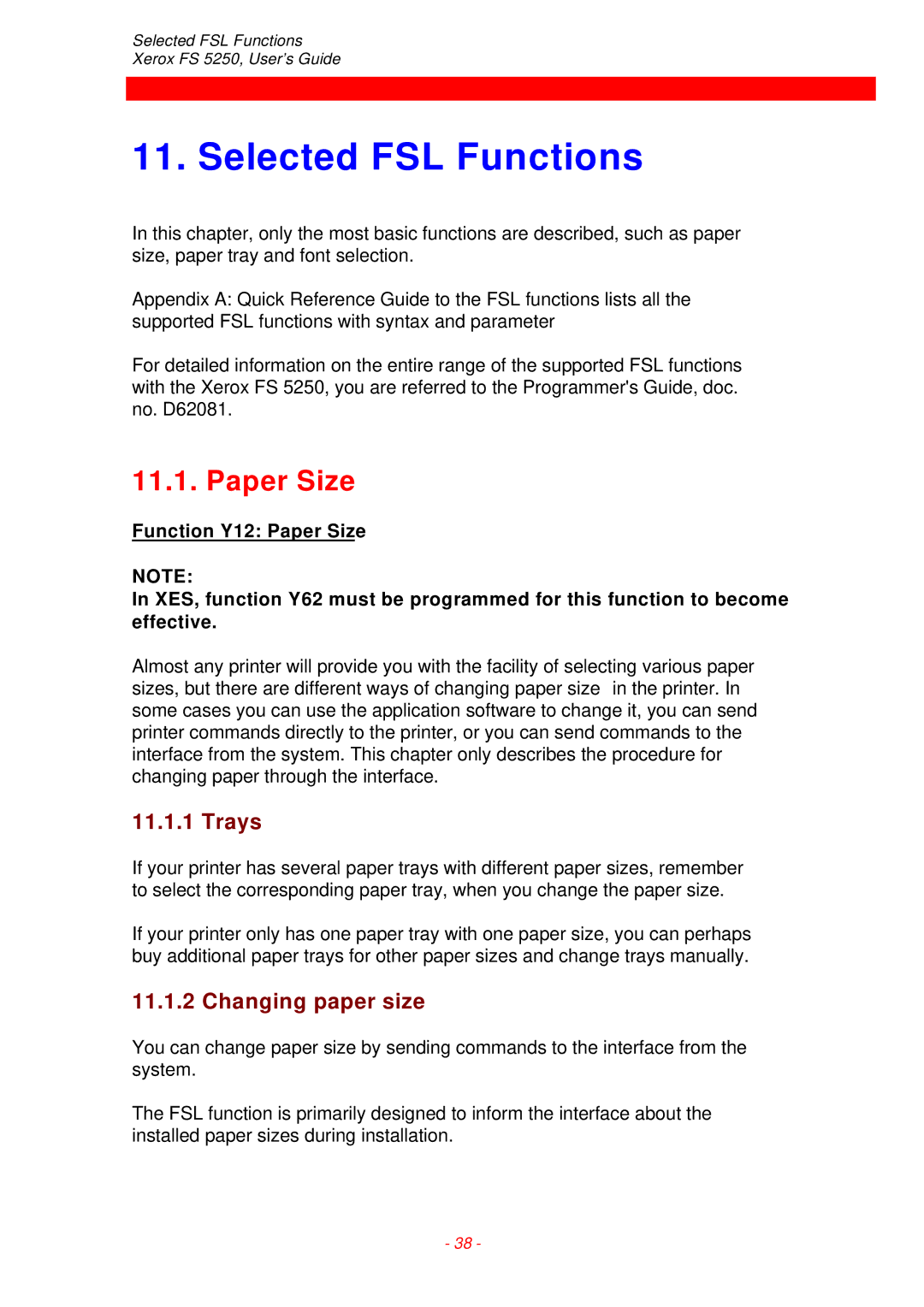 Xerox FS 5250 IPC instruction manual Selected FSL Functions, Paper Size, Trays, Changing paper size 