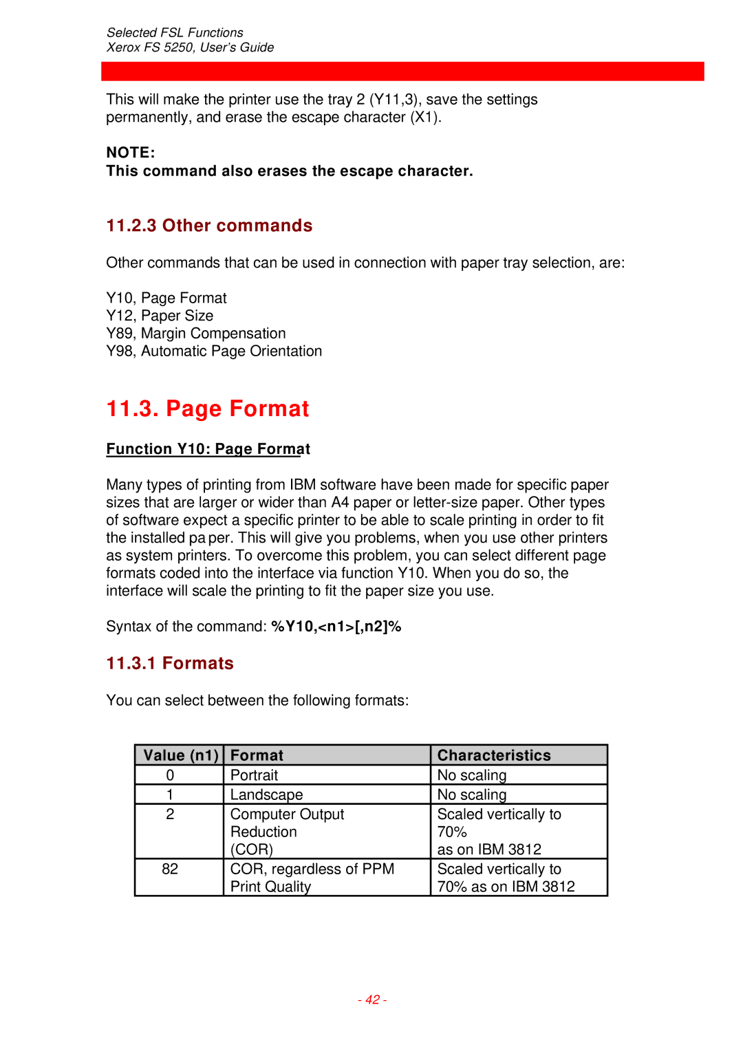 Xerox FS 5250 IPC instruction manual Formats, Function Y10 Page Format, Value n1 Format Characteristics 