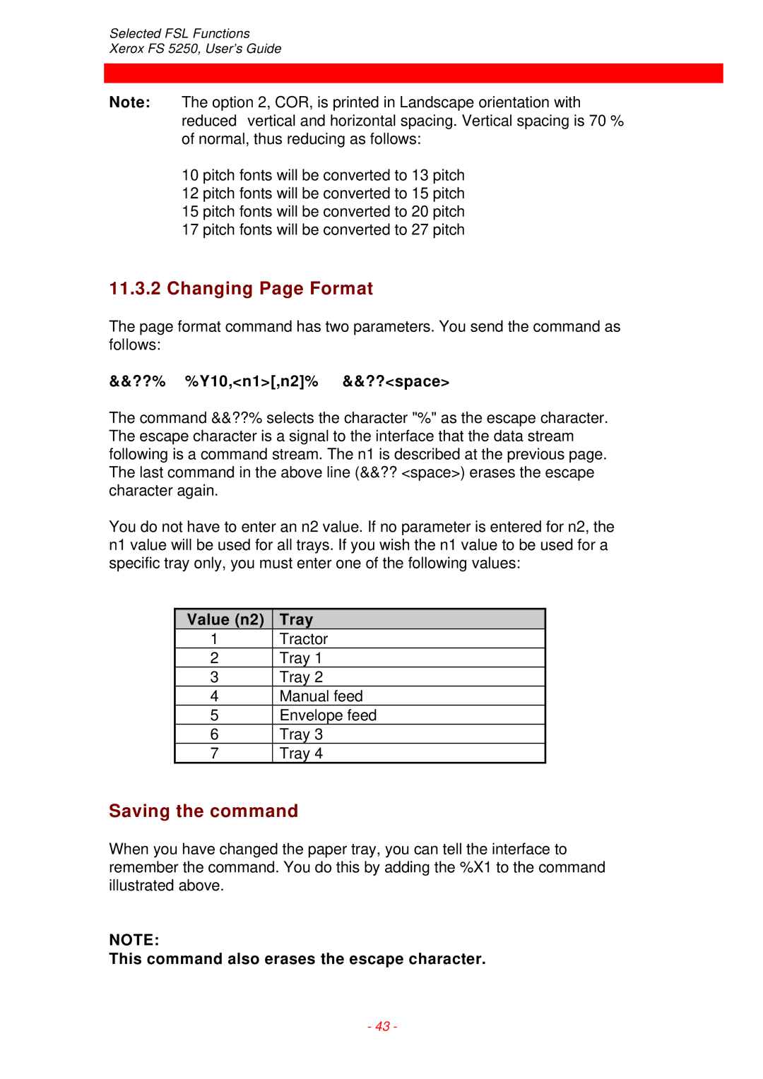 Xerox FS 5250 IPC instruction manual Changing Page Format, ??% %Y10,n1,n2% &&??space, Value n2 Tray 