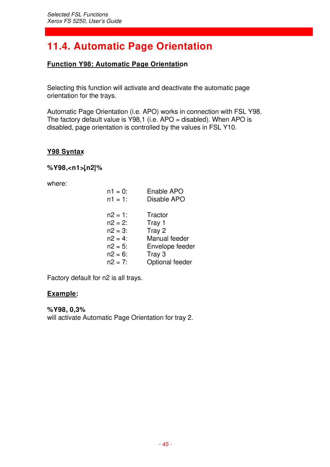 Xerox FS 5250 IPC instruction manual Function Y98 Automatic Page Orientation, Y98 Syntax Y98,n1,n2%, Example Y98, 0,3% 