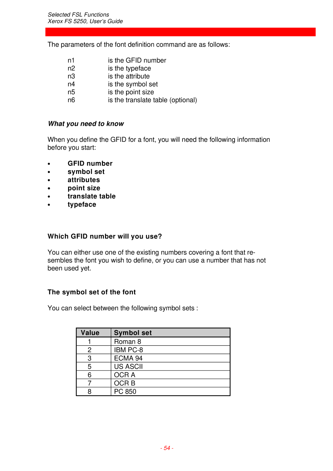 Xerox FS 5250 IPC instruction manual What you need to know, Symbol set of the font, Value Symbol set 