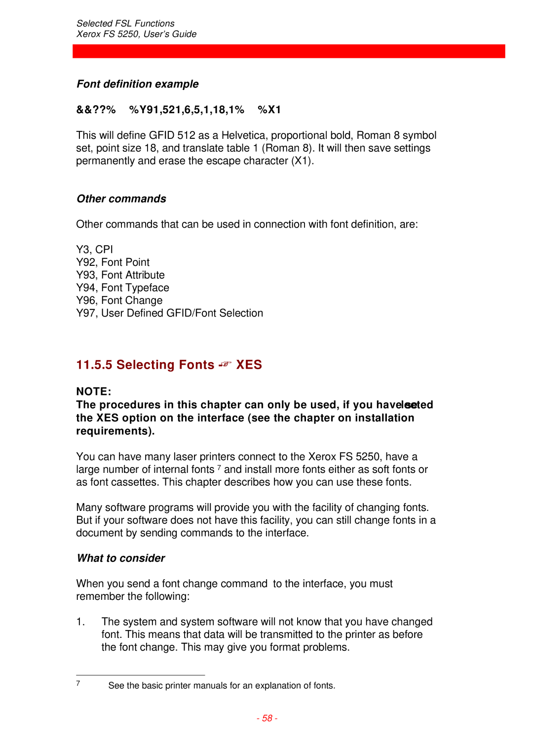 Xerox FS 5250 IPC Selecting Fonts XES, Font definition example, ??% %Y91,521,6,5,1,18,1% %X1, Other commands 