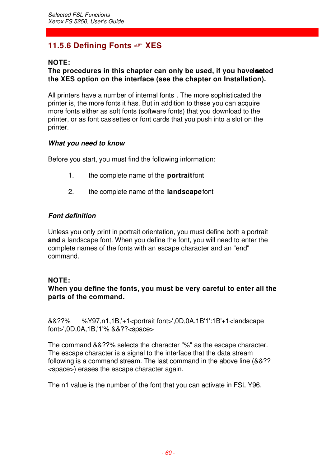 Xerox FS 5250 IPC instruction manual Defining Fonts XES, Font definition 