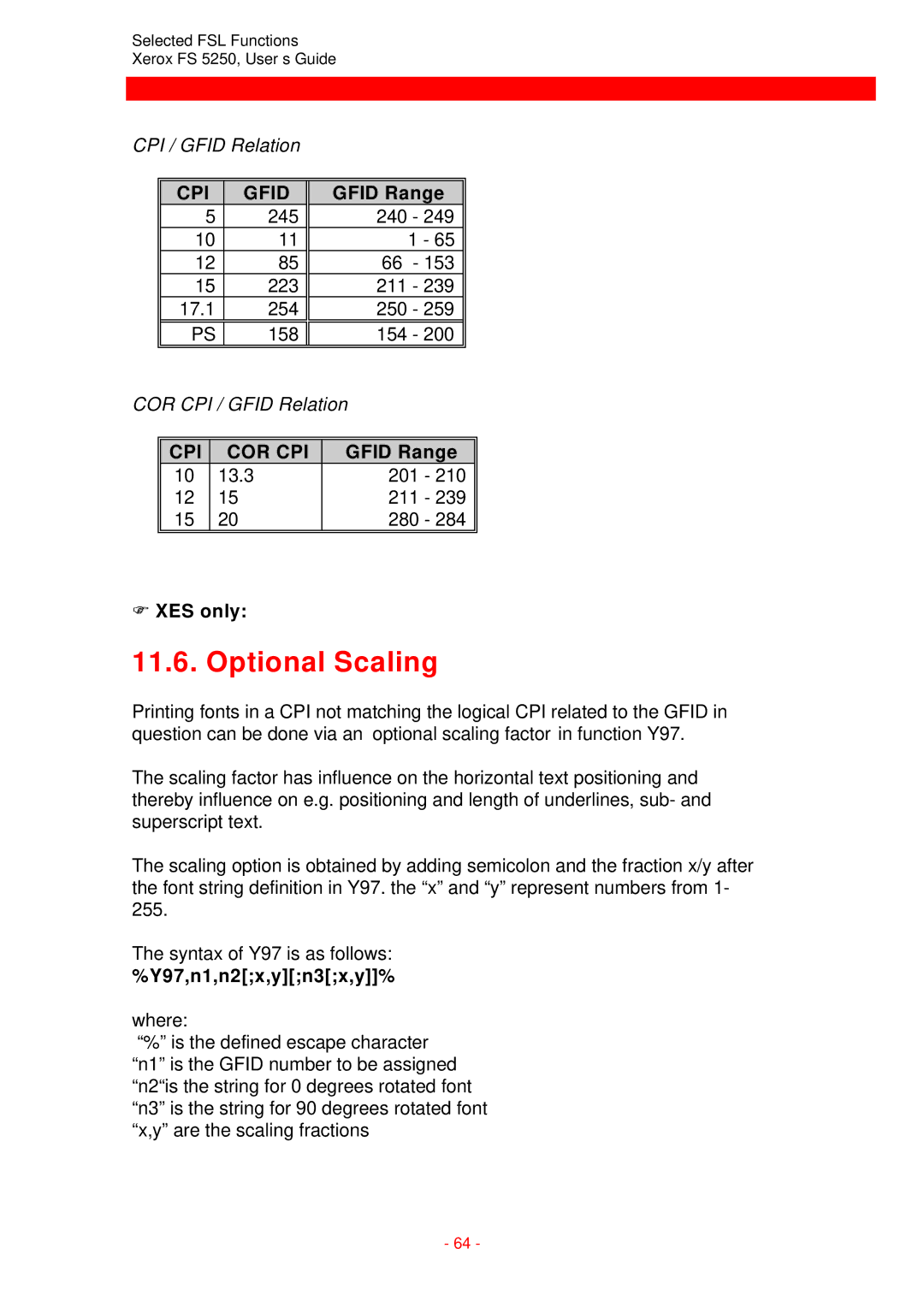 Xerox FS 5250 IPC instruction manual Optional Scaling, COR CPI / Gfid Relation 