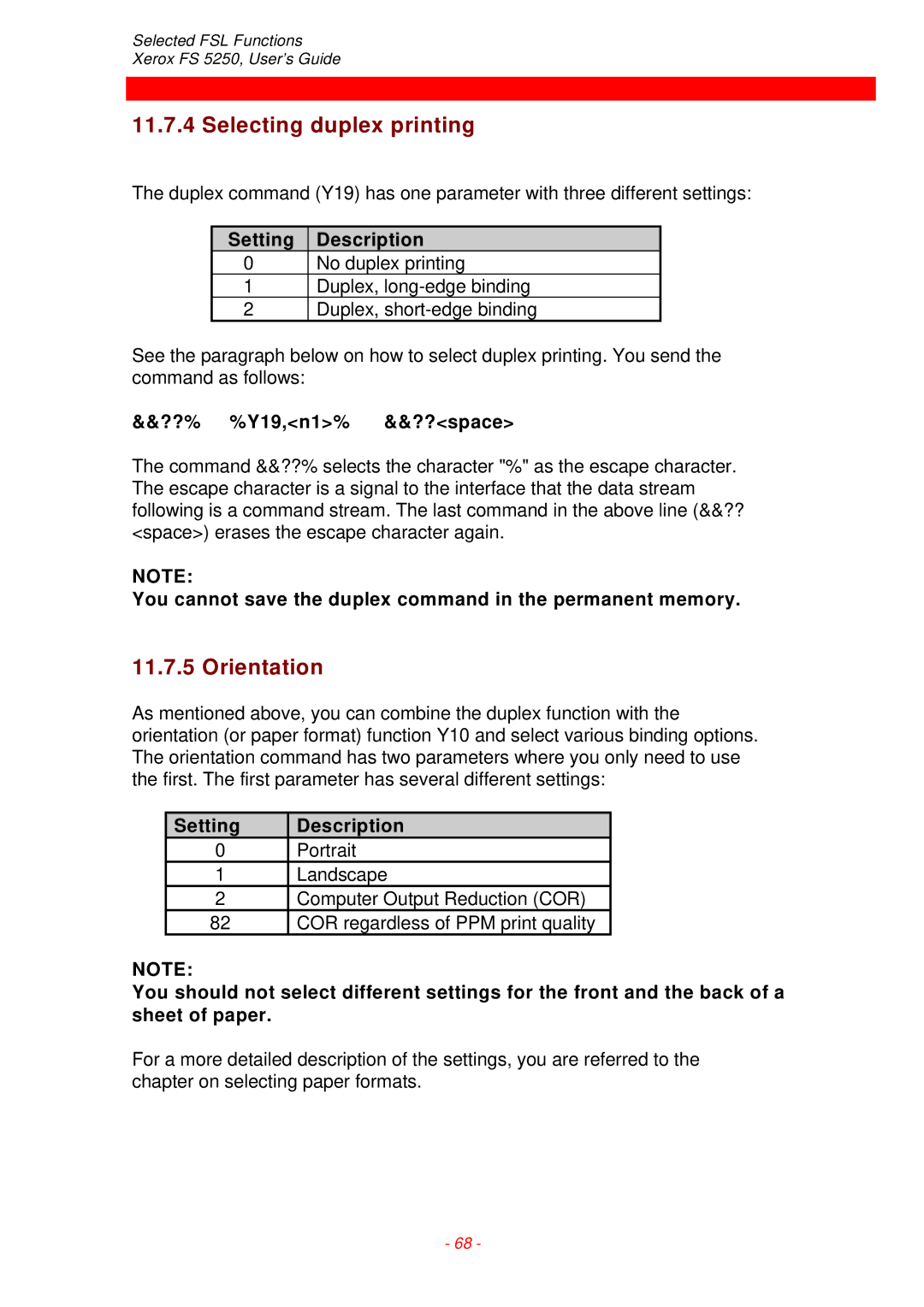 Xerox FS 5250 IPC instruction manual Selecting duplex printing, Orientation, Setting Description, ??% %Y19,n1% &&??space 