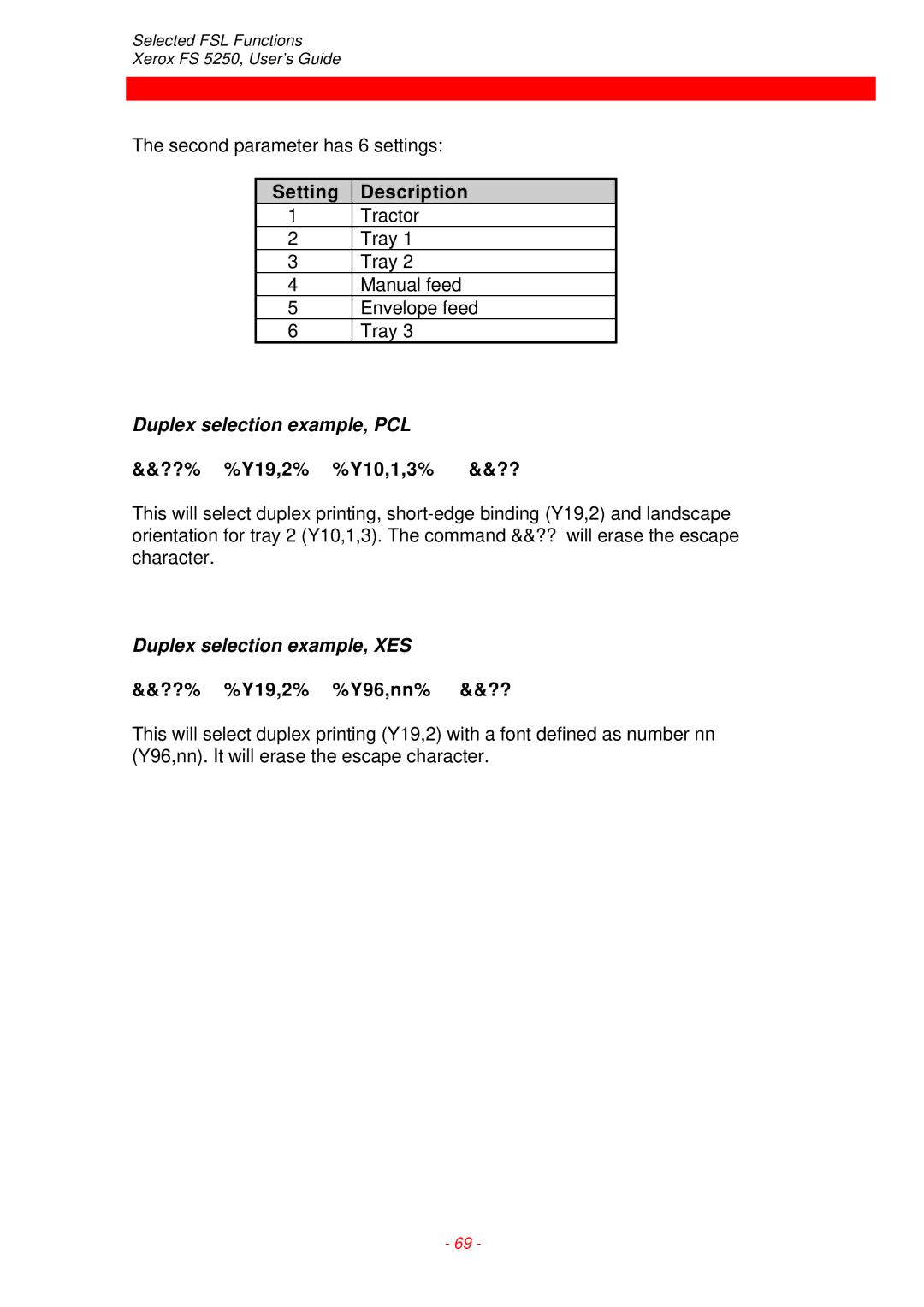 Xerox FS 5250 IPC Duplex selection example, PCL, ??% %Y19,2% %Y10,1,3% &&??, Duplex selection example, XES 