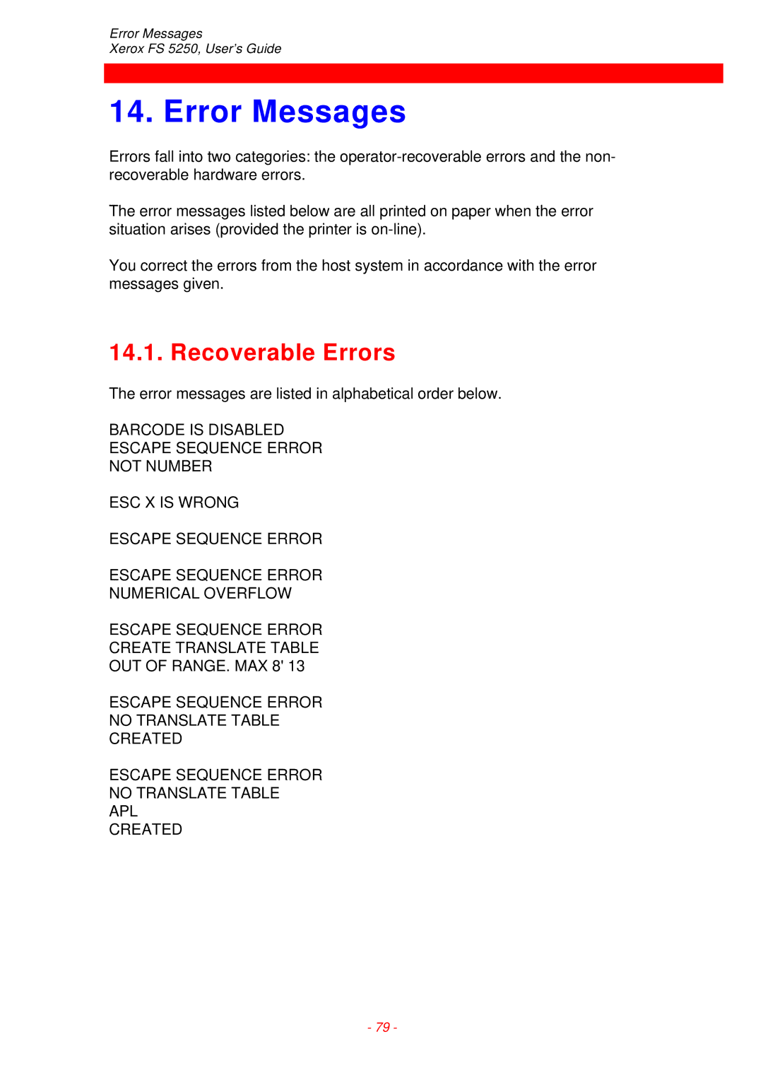 Xerox FS 5250 IPC instruction manual Error Messages, Recoverable Errors 