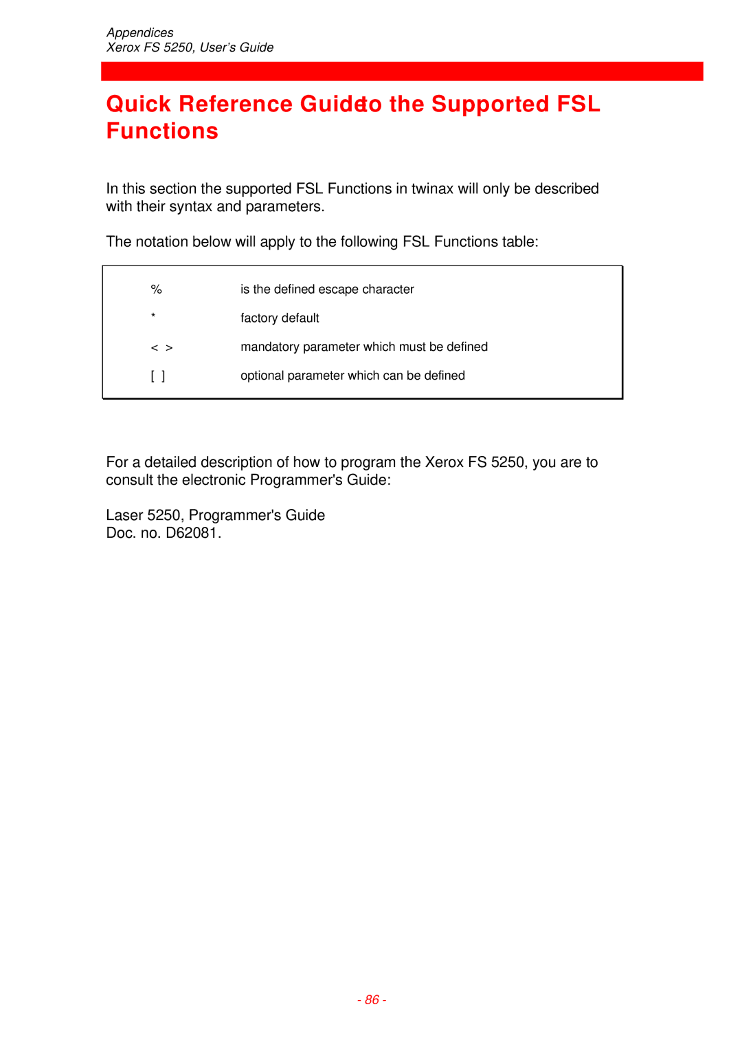 Xerox FS 5250 IPC instruction manual Quick Reference Guideto the Supported FSL Functions 