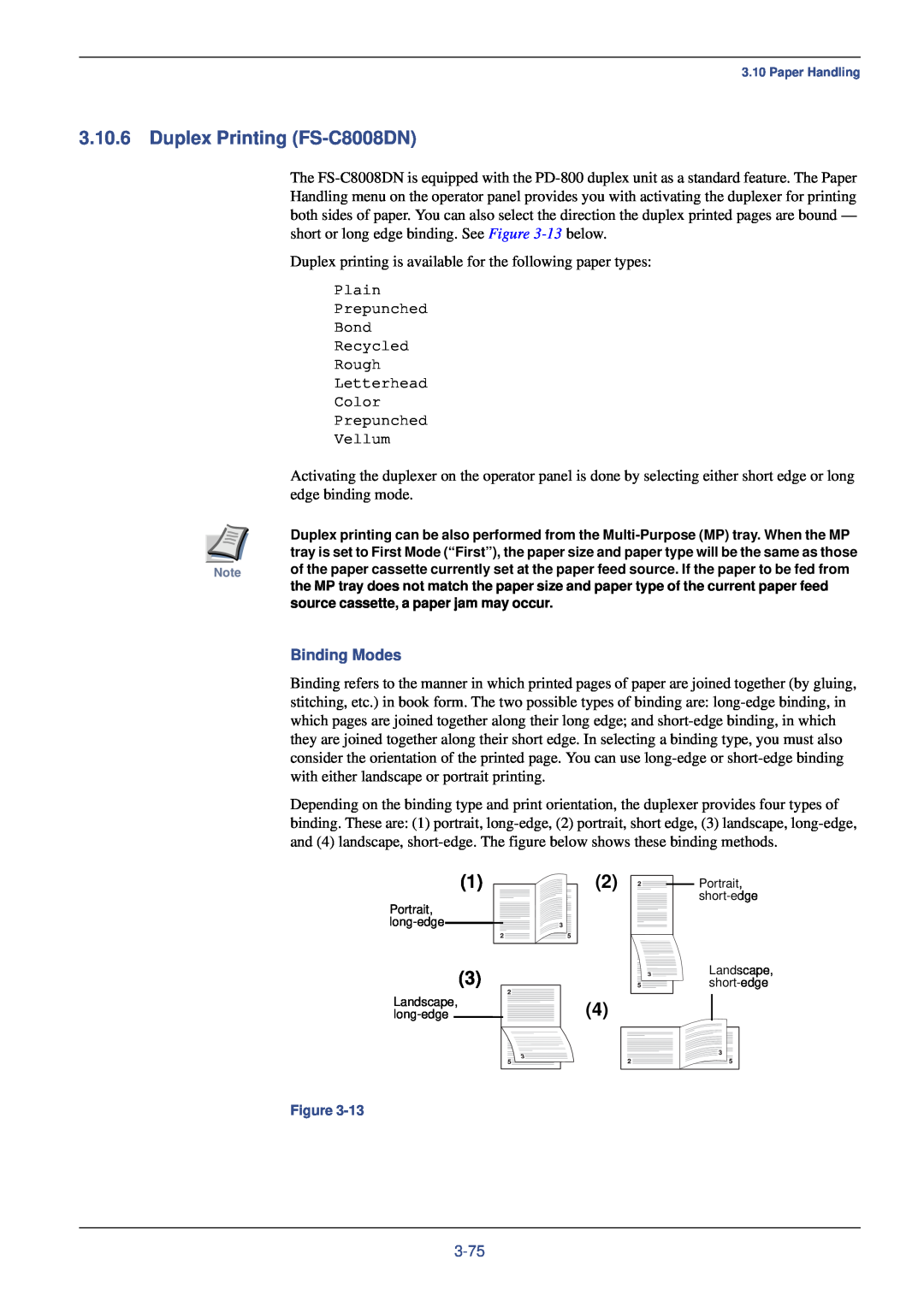 Xerox FS-C8008N manual Duplex Printing FS-C8008DN, Binding Modes, 3-75 