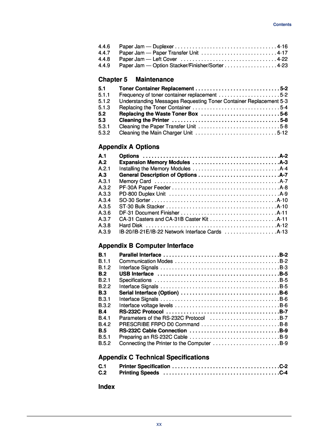 Xerox FS-C8008DN manual Maintenance, Appendix A Options, Appendix B Computer Interface, Appendix C Technical Specifications 