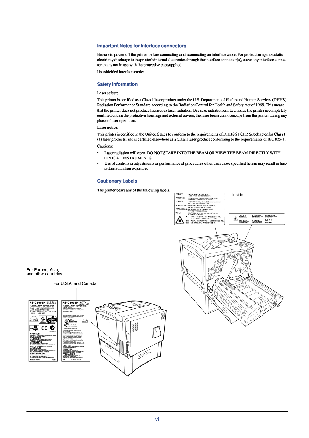 Xerox FS-C8008N, FS-C8008DN manual Important Notes for Interface connectors, Safety information, Cautionary Labels 