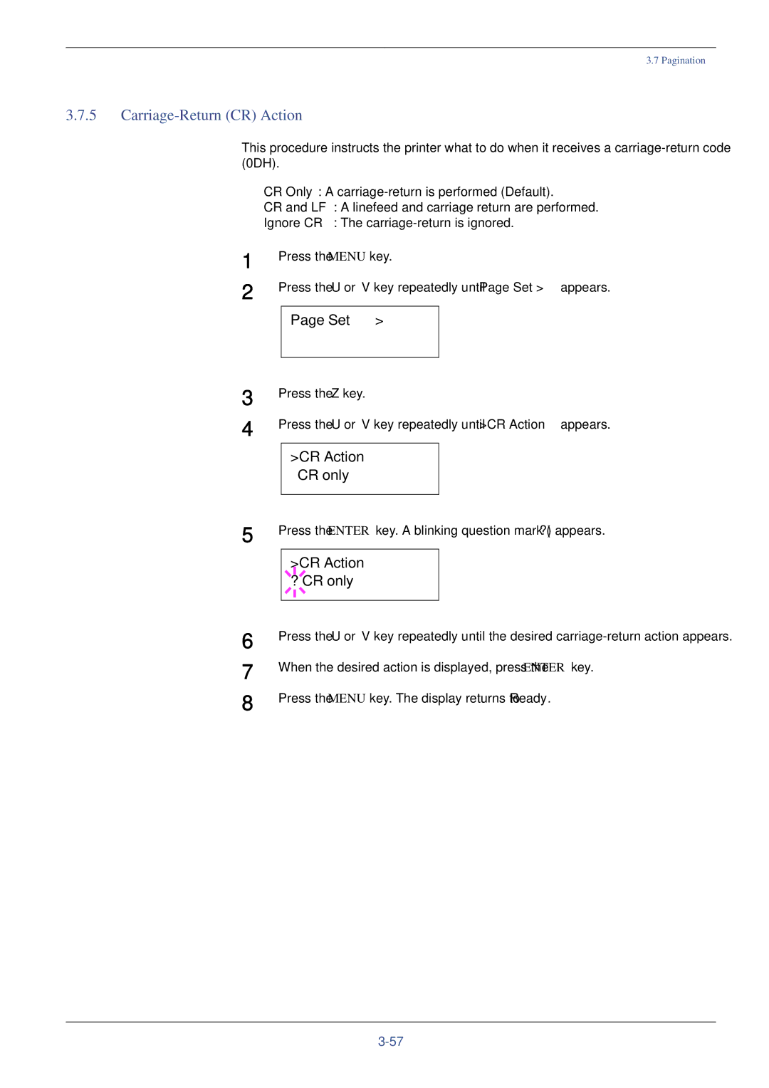 Xerox FS-C8008N, FS-C8008DN manual Carriage-Return CR Action, CR Action CR only, CR Action ? CR only 