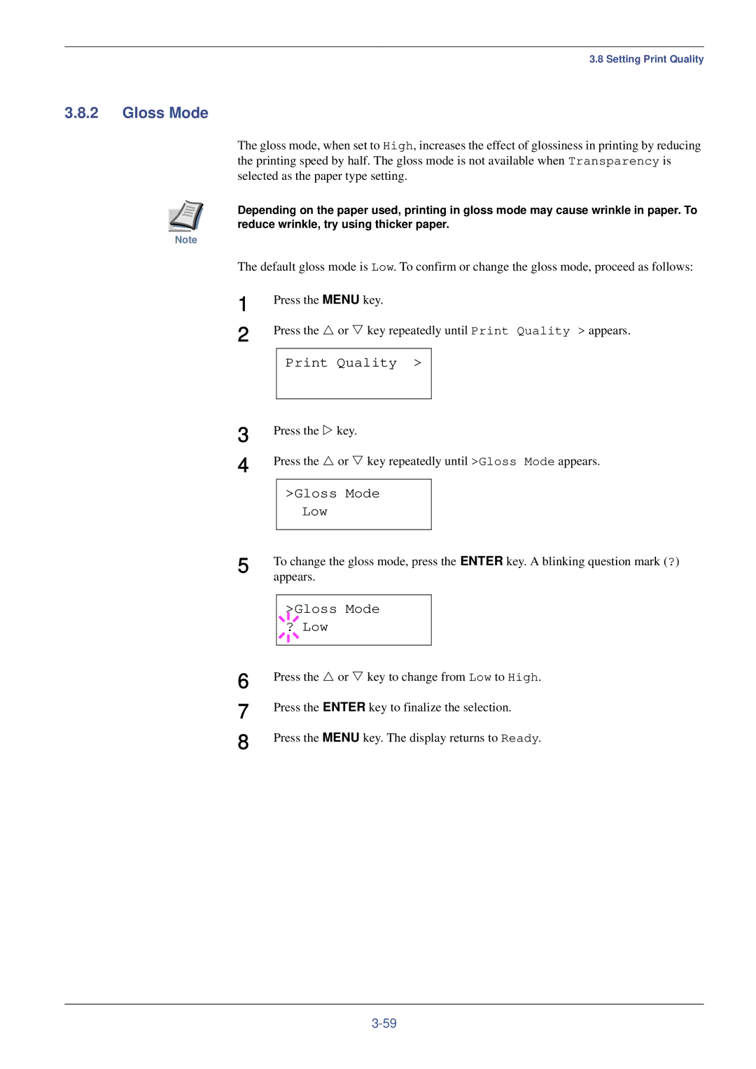 Xerox FS-C8008N, FS-C8008DN manual Gloss Mode Low, Gloss Mode ? Low 