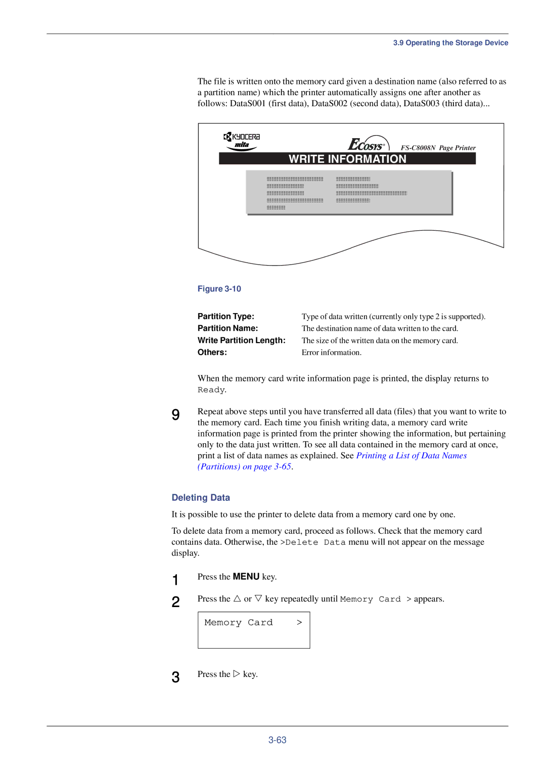 Xerox FS-C8008N, FS-C8008DN manual Deleting Data, Partition Type, Partition Name, Write Partition Length, Others 