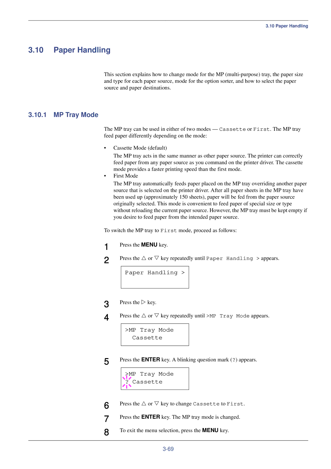 Xerox FS-C8008N, FS-C8008DN manual Paper Handling, MP Tray Mode Cassette, MP Tray Mode ? Cassette 