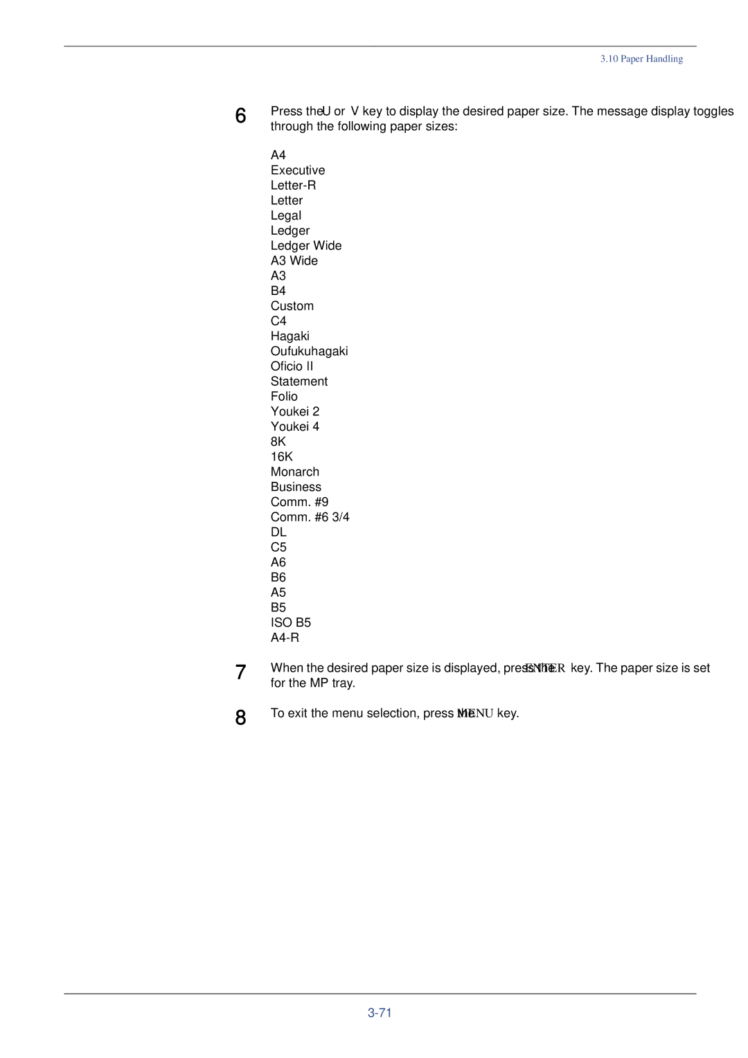 Xerox FS-C8008N, FS-C8008DN manual Through the following paper sizes, For the MP tray 