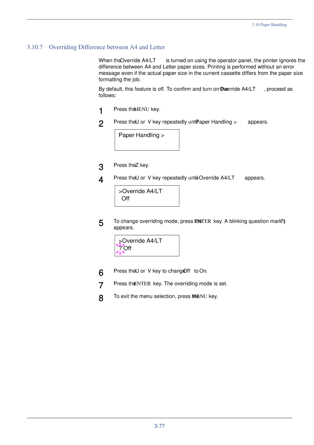 Xerox FS-C8008N, FS-C8008DN manual Overriding Difference between A4 and Letter, Override A4/LT Off, Override A4/LT ? Off 