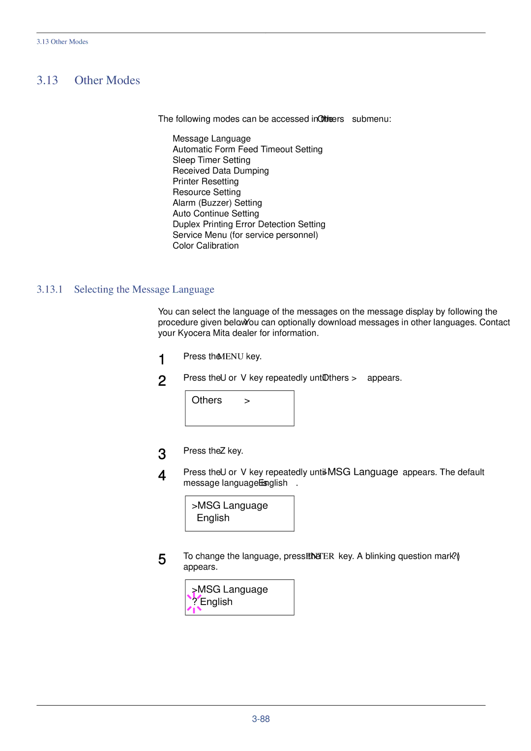 Xerox FS-C8008DN manual Other Modes, Selecting the Message Language, Others, MSG Language English, MSG Language ? English 