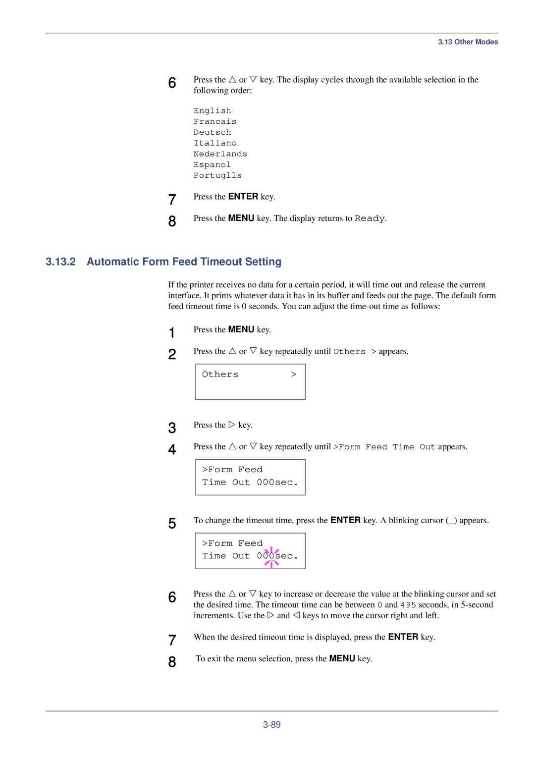 Xerox FS-C8008N, FS-C8008DN manual Automatic Form Feed Timeout Setting, Form Feed Time Out 000sec, Following order 