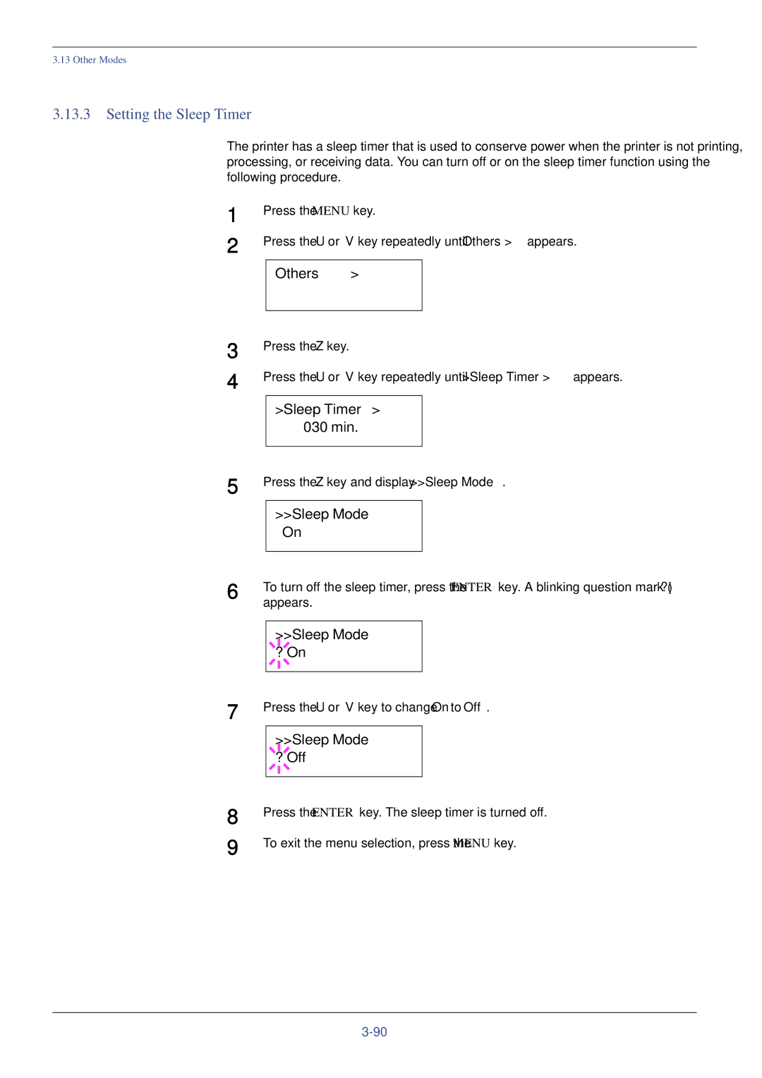 Xerox FS-C8008DN, FS-C8008N manual Setting the Sleep Timer, Sleep Timer 030 min, Sleep Mode ? On, Sleep Mode ? Off 