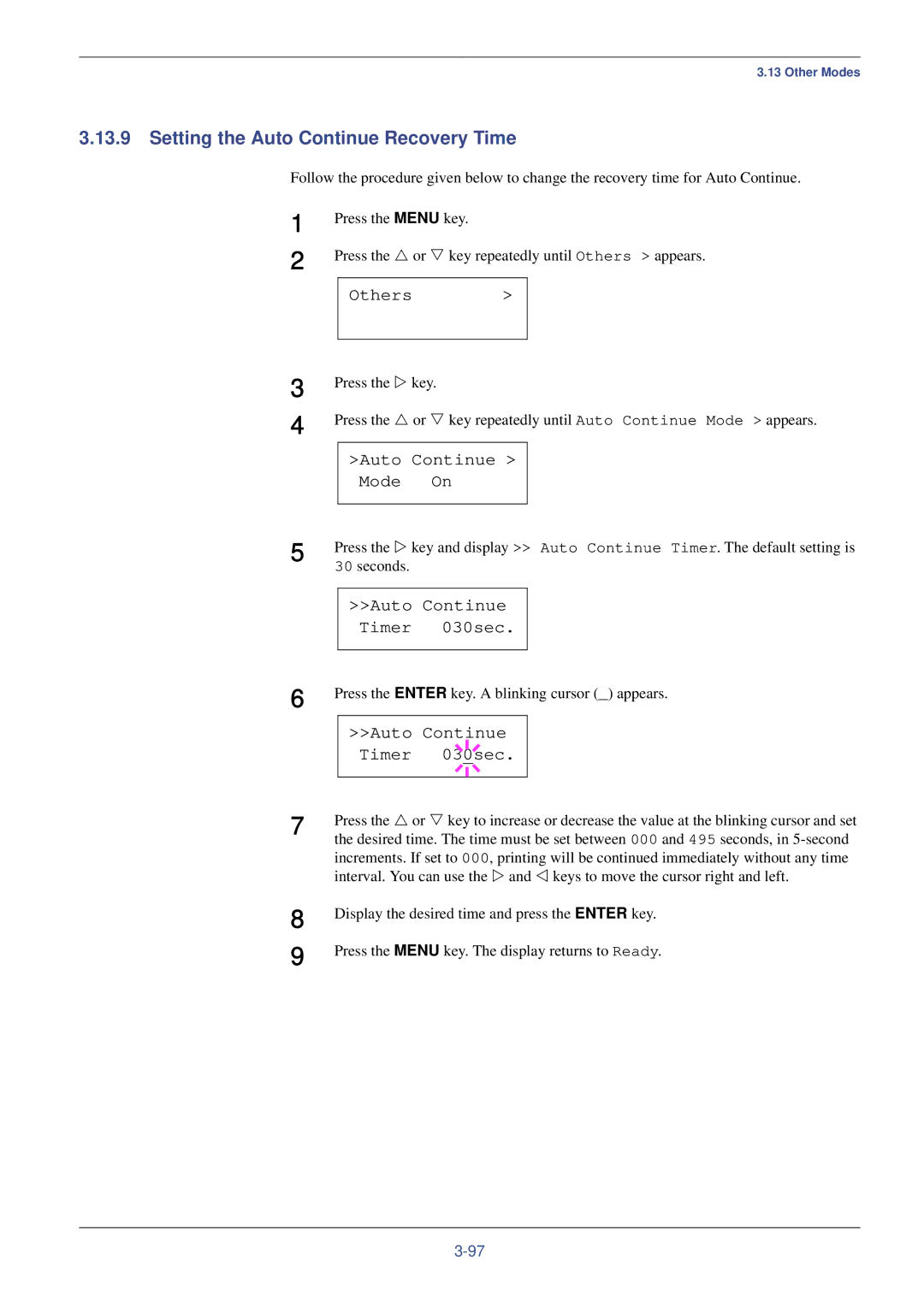 Xerox FS-C8008N, FS-C8008DN Setting the Auto Continue Recovery Time, Auto Continue Mode On, Auto Continue Timer 030sec 