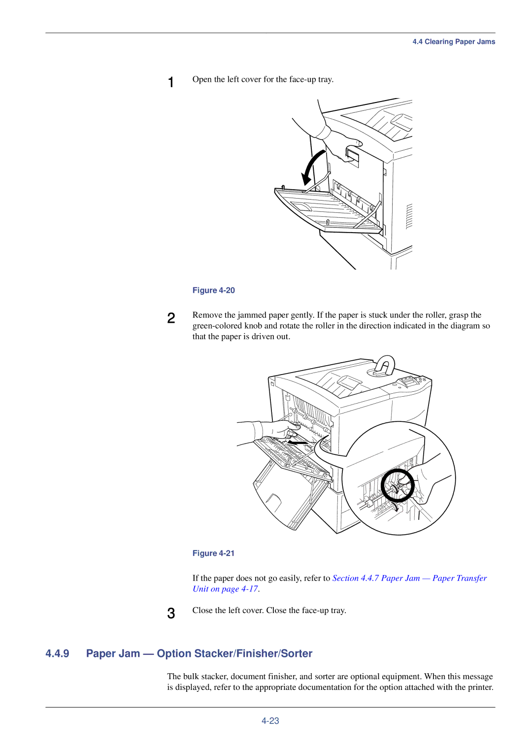 Xerox FS-C8008N, FS-C8008DN manual Paper Jam Option Stacker/Finisher/Sorter, Open the left cover for the face-up tray 