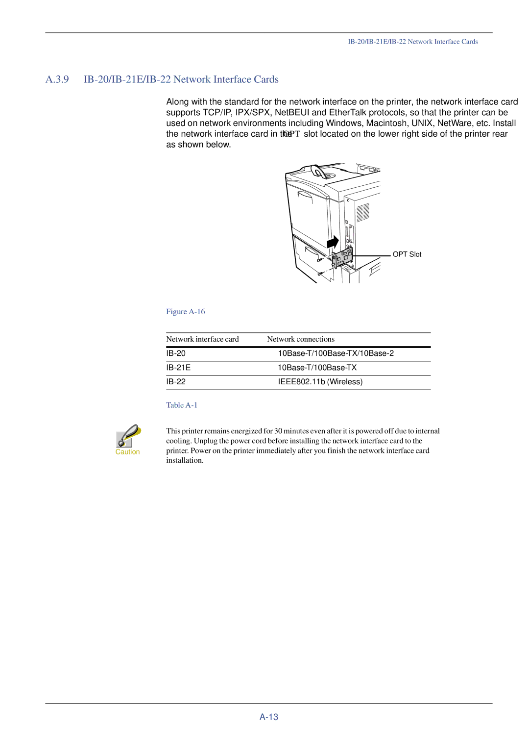 Xerox FS-C8008N 9 IB-20/IB-21E/IB-22 Network Interface Cards, Network interface card Network connections, Installation 