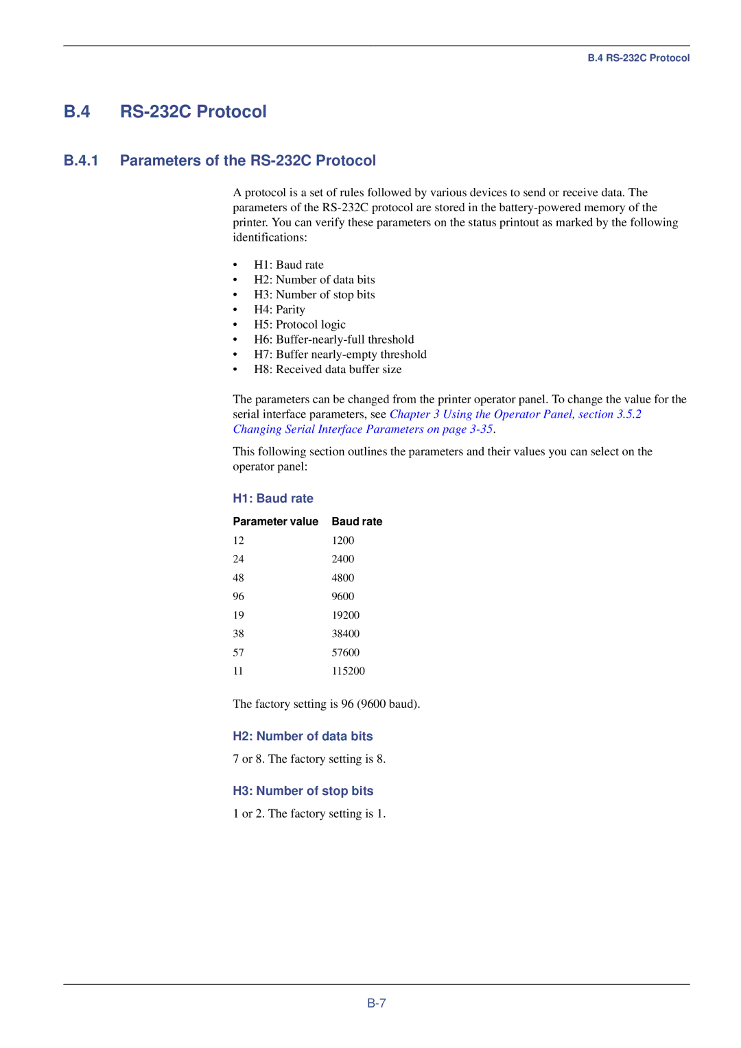 Xerox FS-C8008DN Parameters of the RS-232C Protocol, H1 Baud rate, H2 Number of data bits, H3 Number of stop bits 