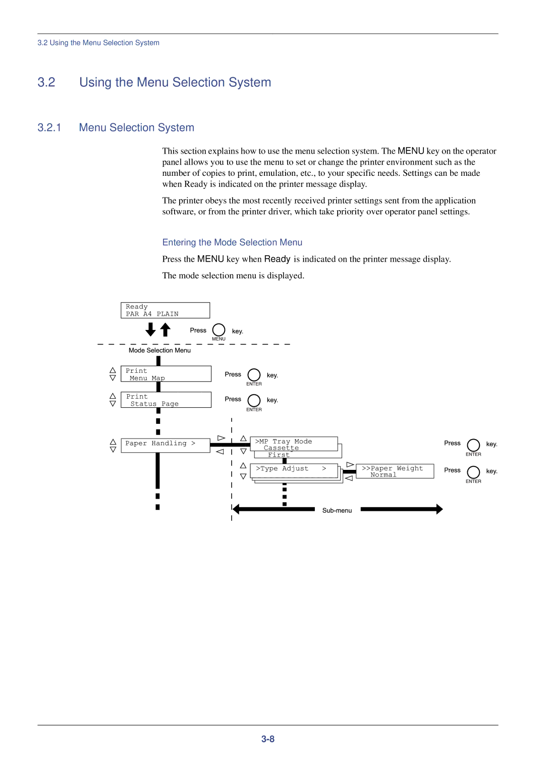 Xerox FS-C8008DN, FS-C8008N manual Using the Menu Selection System, Entering the Mode Selection Menu 